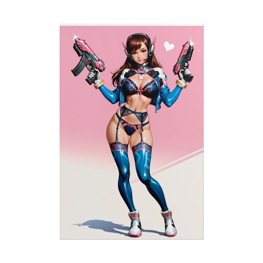 D.Va Poster, Overwatch Anime Girl Art Print, Gamer Room Wall Decor - cinematic anime D.Va in glowing tech suit with dual pistols on pink background