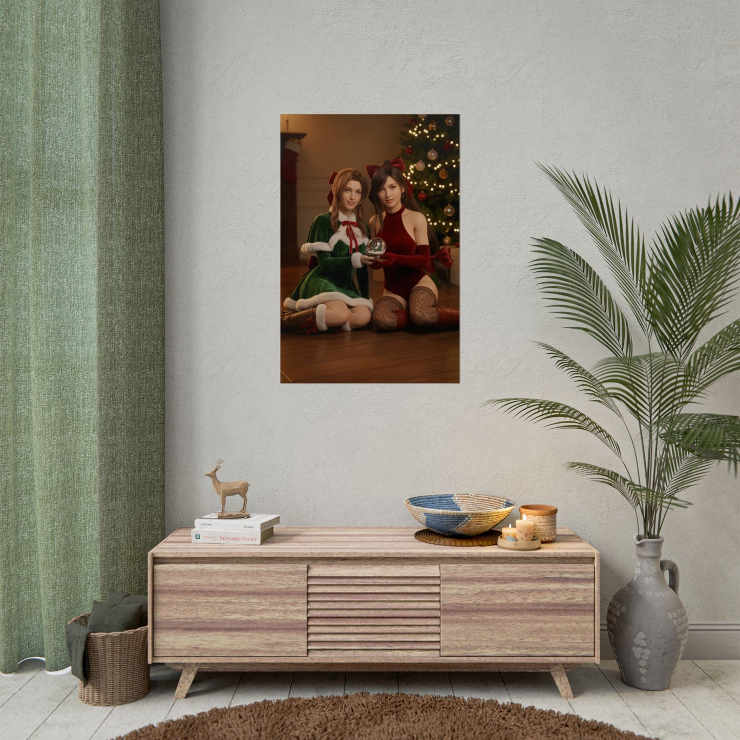 Tifa Aerith Poster, Final Fantasy Art Print – Gamer Room Wall Decor festive holiday gamer room wall art with Tifa and Aerith sitting by Christmas tree