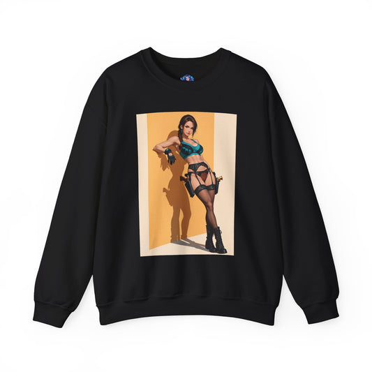 Lara Croft Sweatshirt, Tomb Raider Hero Crewneck, Cozy Gaming Streetwear for Collectors featuring high-contrast Lara art on black crewneck