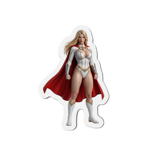 Power Girl Magnet – DC Comic Heroine Fridge Magnet, Anime Style Decor: die-cut vinyl magnet of armored Power Girl with red cape on white background