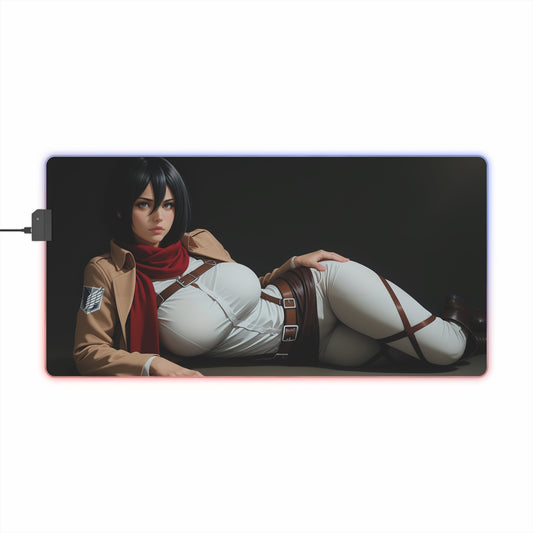 Mikasa Ackerman Desk Mat – LED RGB Pad, Waifu Anime Girl Gaming Setup featuring reclining Mikasa with smooth precision-cloth surface for seamless mouse control