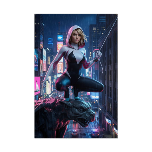 Gwen Stacy Poster, Spider-Verse Art Print, Iconic Superhero Character - dynamic Gwen Stacy on city gargoyle at night