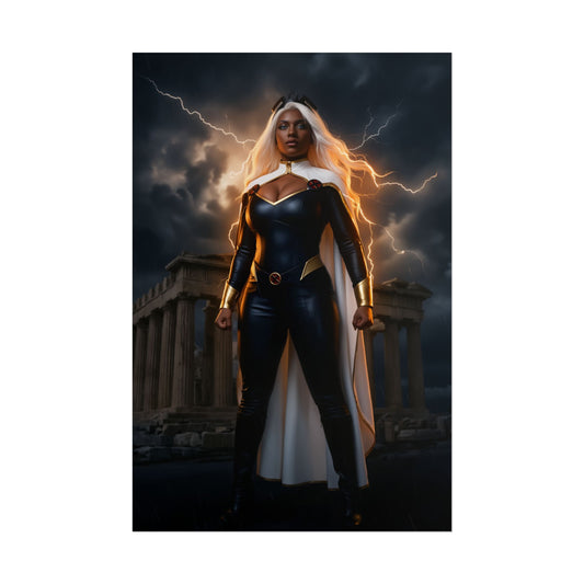 Storm Poster, Marvel X-Men Art Print, Iconic Weather Hero Wall Decor showing powerful Storm character in black suit, storm clouds and lightning backdrop