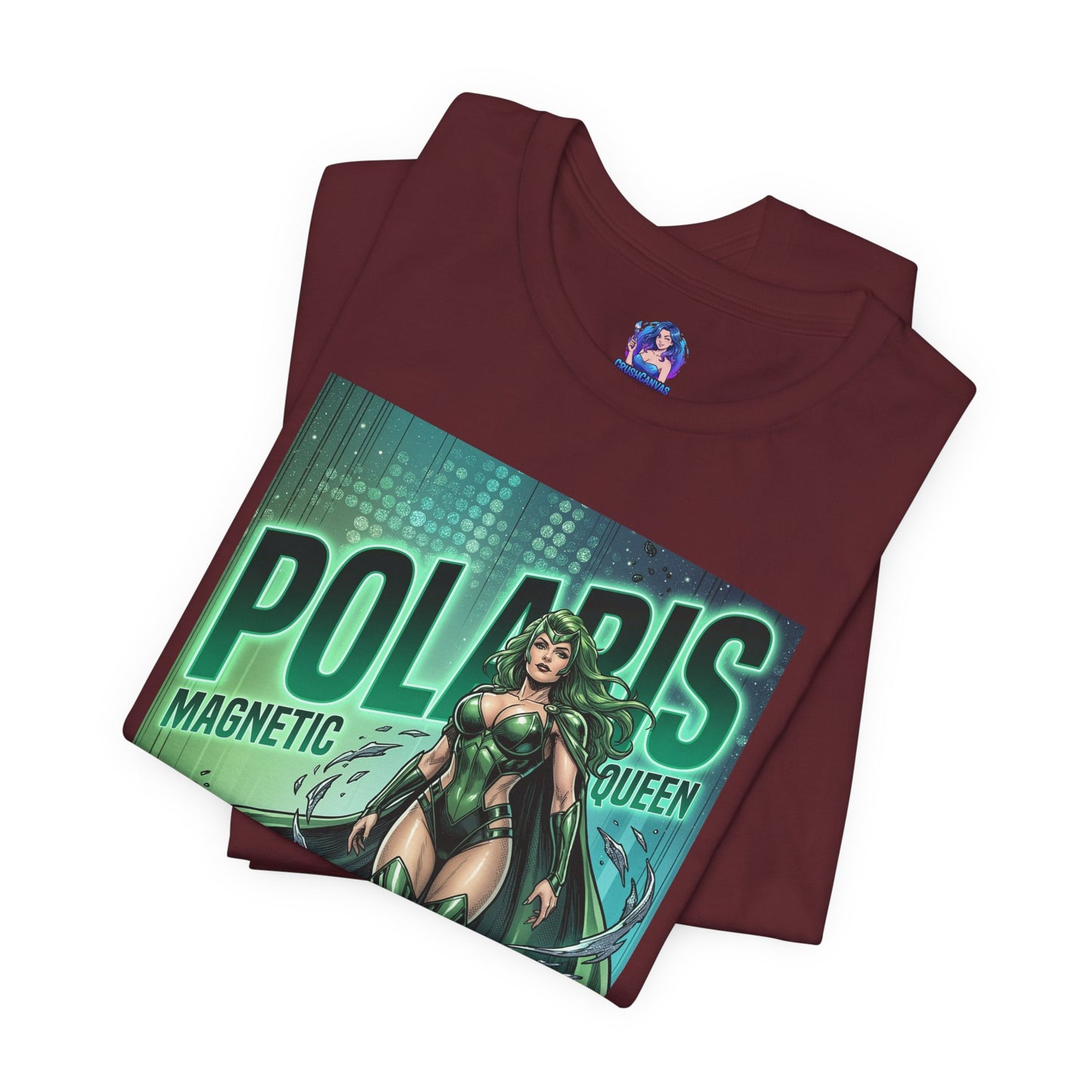 Polaris T-Shirt | Marvel X-Men Anime Tee for Gamers & Fans - green comic Polaris design on maroon Bella Canvas 3001 folded tee