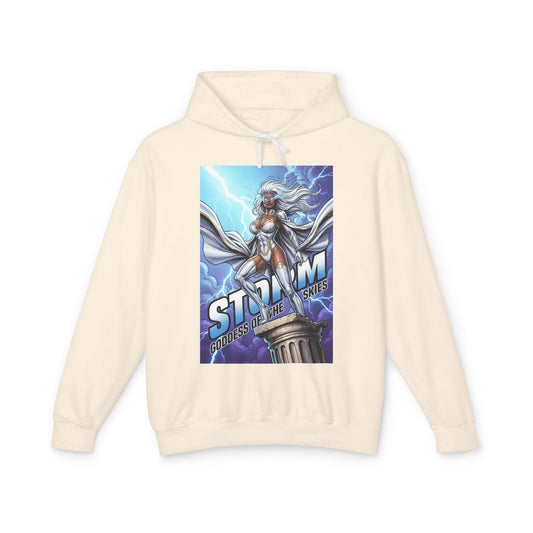 Storm Hoodie | Marvel Superhero Hoodie | Goddess of the Skies Pullover - cream cotton pullover with Storm graphic showcasing lightning and bold typography