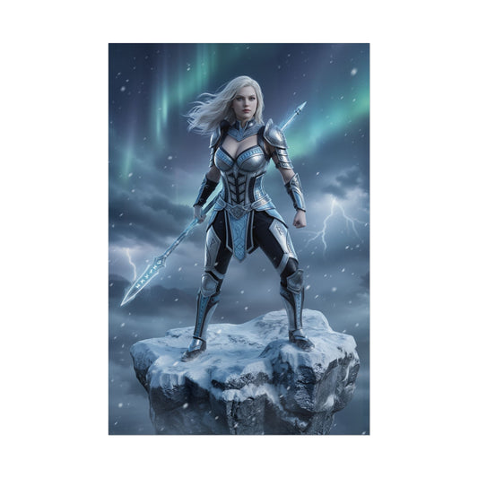 Valkyrie Poster, Marvel Art Print – Asgardian Warrior Wall Art: epic Valkyrie in armor holding glowing spear on icy rock under aurora