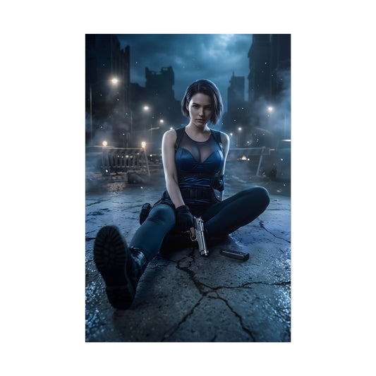 Jill Valentine Poster / Jill Valentine Wall Art / Jill Valentine Art Print / Resident Evil Poster showing Jill Valentine in rain-soaked urban ruin, cinematic tactical survival mood
