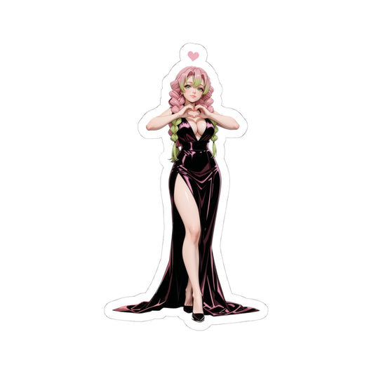 Mitsuri Kanroji Sticker – Anime Vinyl Sticker for Laptops, Journals & Indoor Decor, glossy die-cut anime character sticker showing Mitsuri in a black dress making a heart