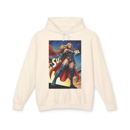 Supergirl Hoodie | DC Superhero Hoodie | Girl of Steel Pullover - cream cotton pullover with bold comic Supergirl graphic