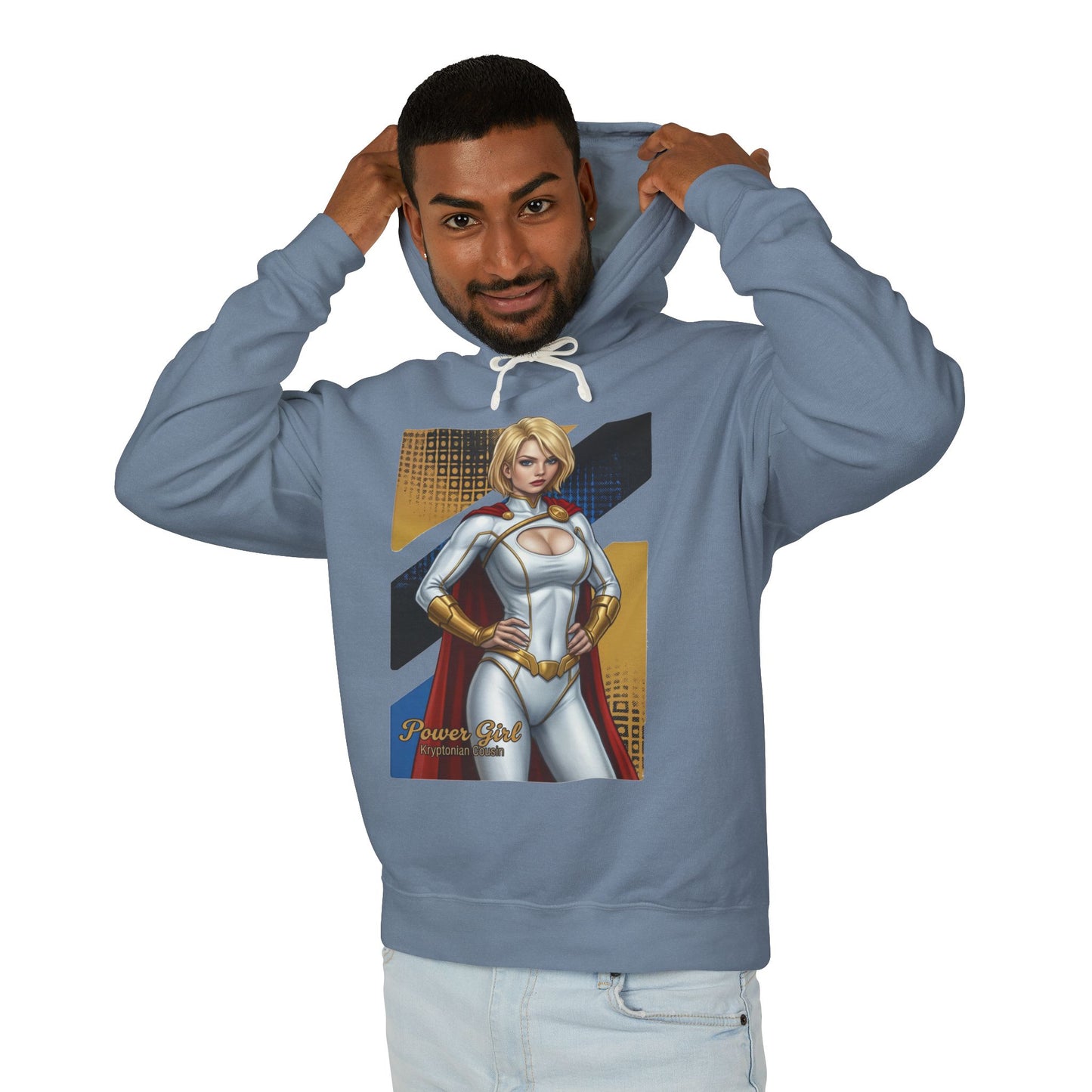 Power Girl Hoodie | DC Comics Hoodie | Anime Superheroine Pullover - man modeling blue hoodie with anime Power Girl chest illustration