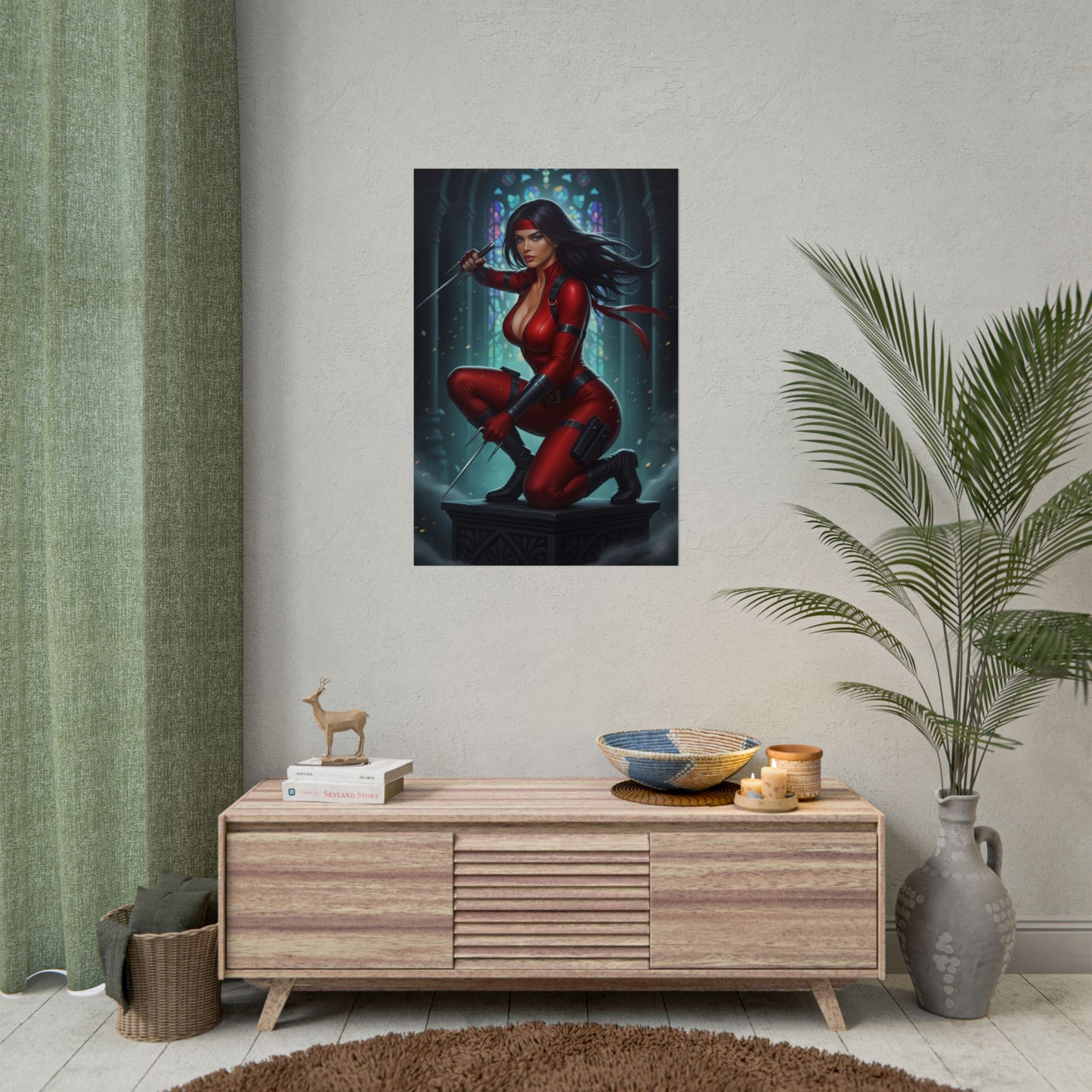 Elektra Marvel Poster – Iconic Assassin Heroine Wall Art for Gamer Decor, red-clad Elektra poster displayed above console in gaming room