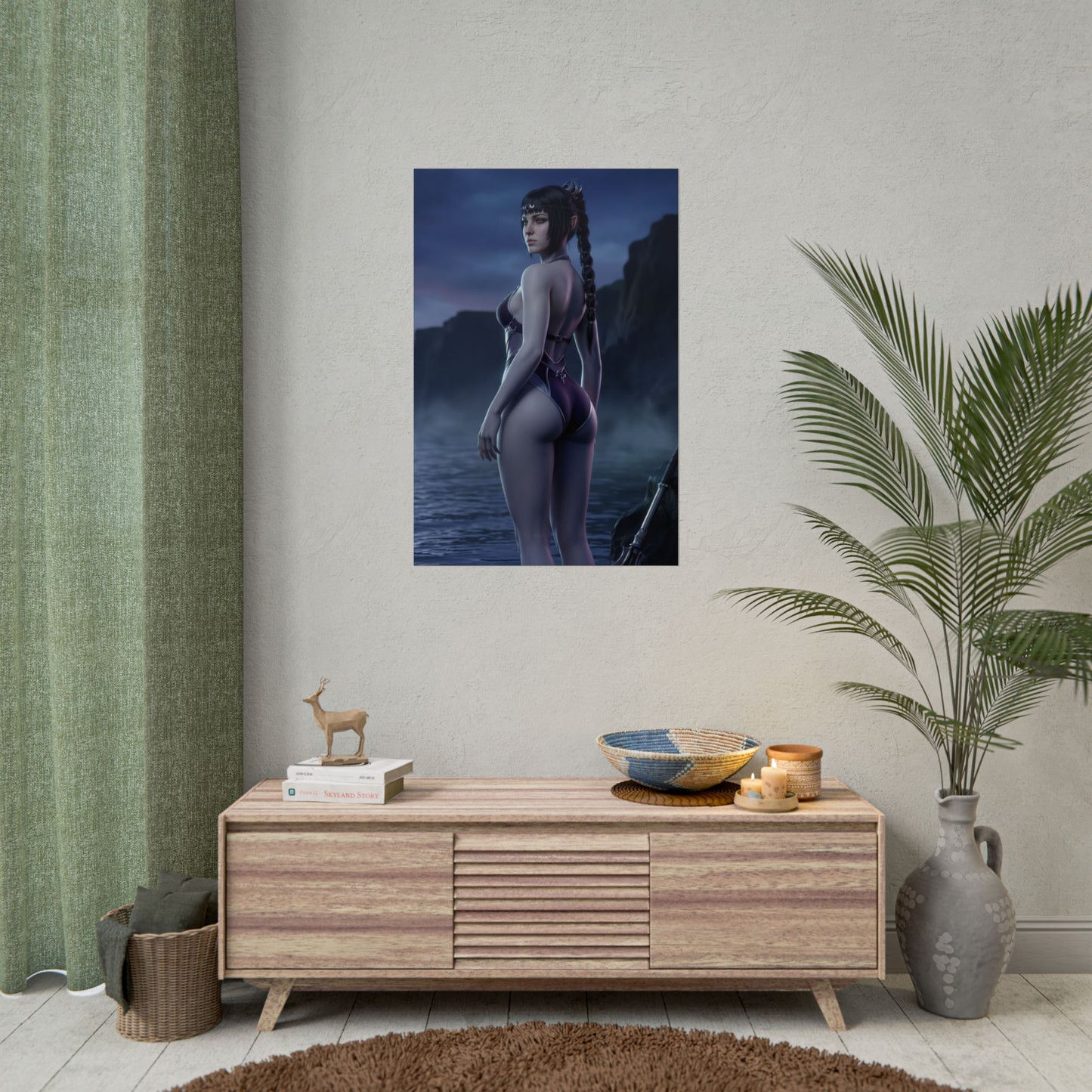 Baldur’s Gate Poster – Shadowheart Art Print, Dark Fantasy Character Wall Art featuring Shadowheart in moonlit ocean scene