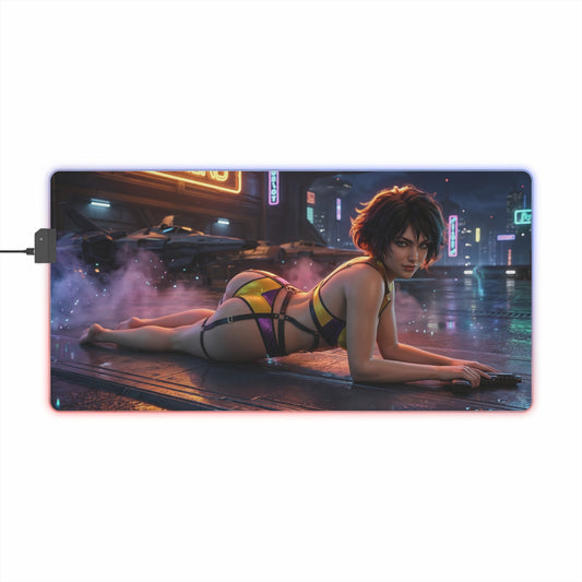 Cowboy Bebop Mouse Pad, Faye Valentine Illuminated LED Desk Mat, Gift for Gamer — neon-lit desk mat featuring Faye Valentine reclining in cyberpunk cityscape
