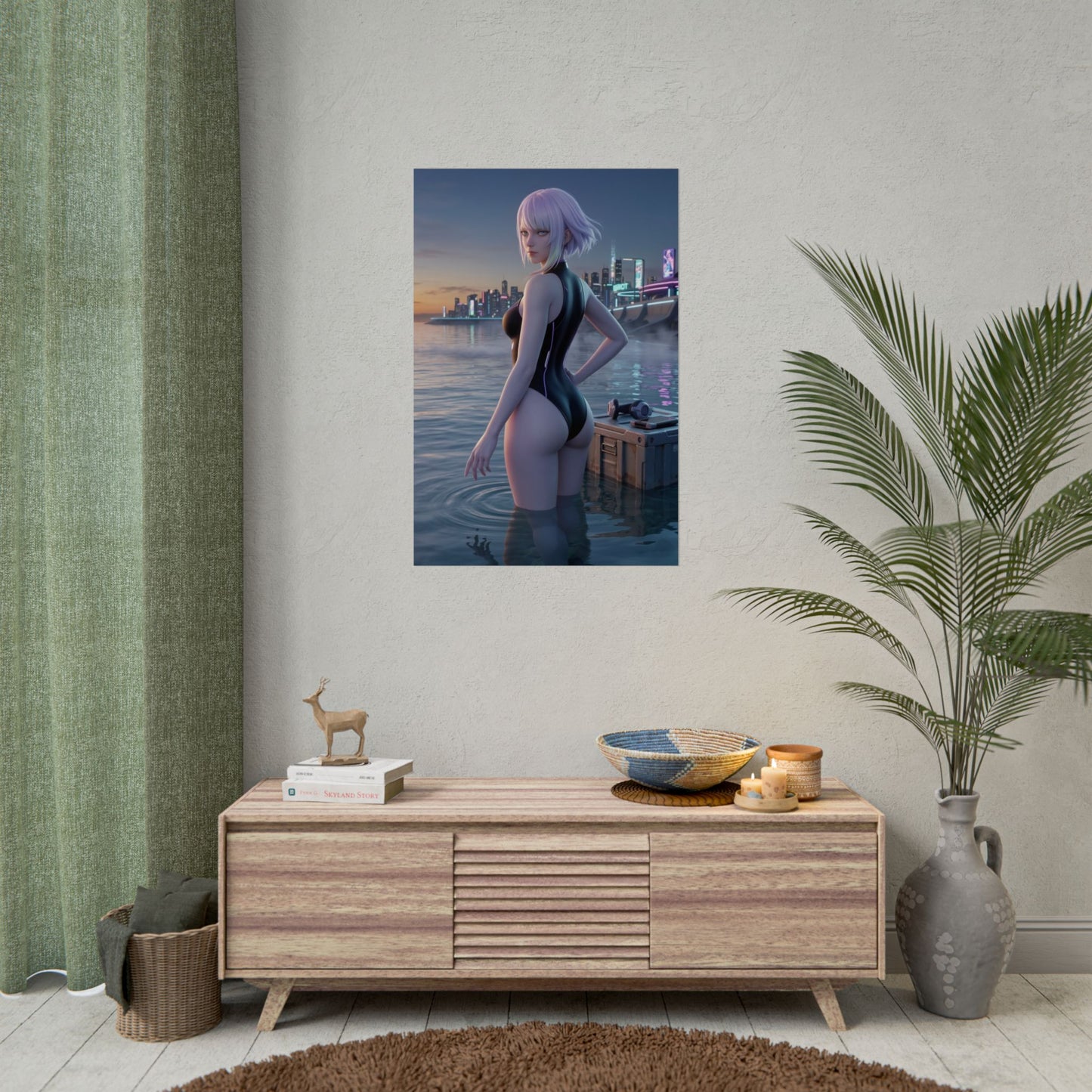 Cyberpunk Poster – Lucy Art Print, Edgerunners Anime Wall Art of Lucy standing in neon-lit water with futuristic city skyline reflections