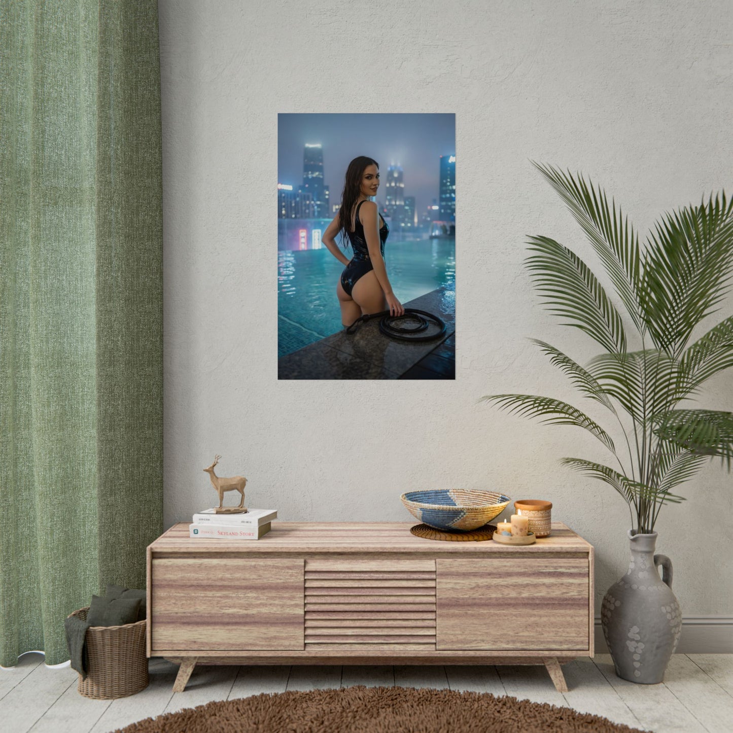 DC Comics Poster – Catwoman Art Print, Superhero Wall Art showing Catwoman at a rooftop pool with city skyline and dramatic night lighting