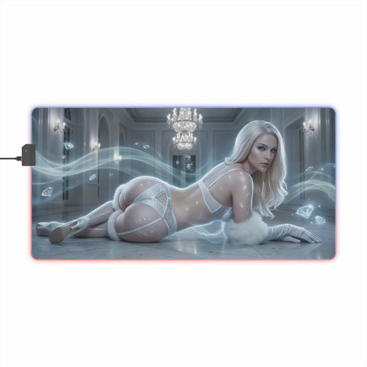 Marvel Mouse Pad, Emma Frost Illuminated LED Desk Mat, Gift for Gamer, Superhero Room Decor — glamorous Emma Frost artwork on LED gaming desk mat with diamonds and chandelier