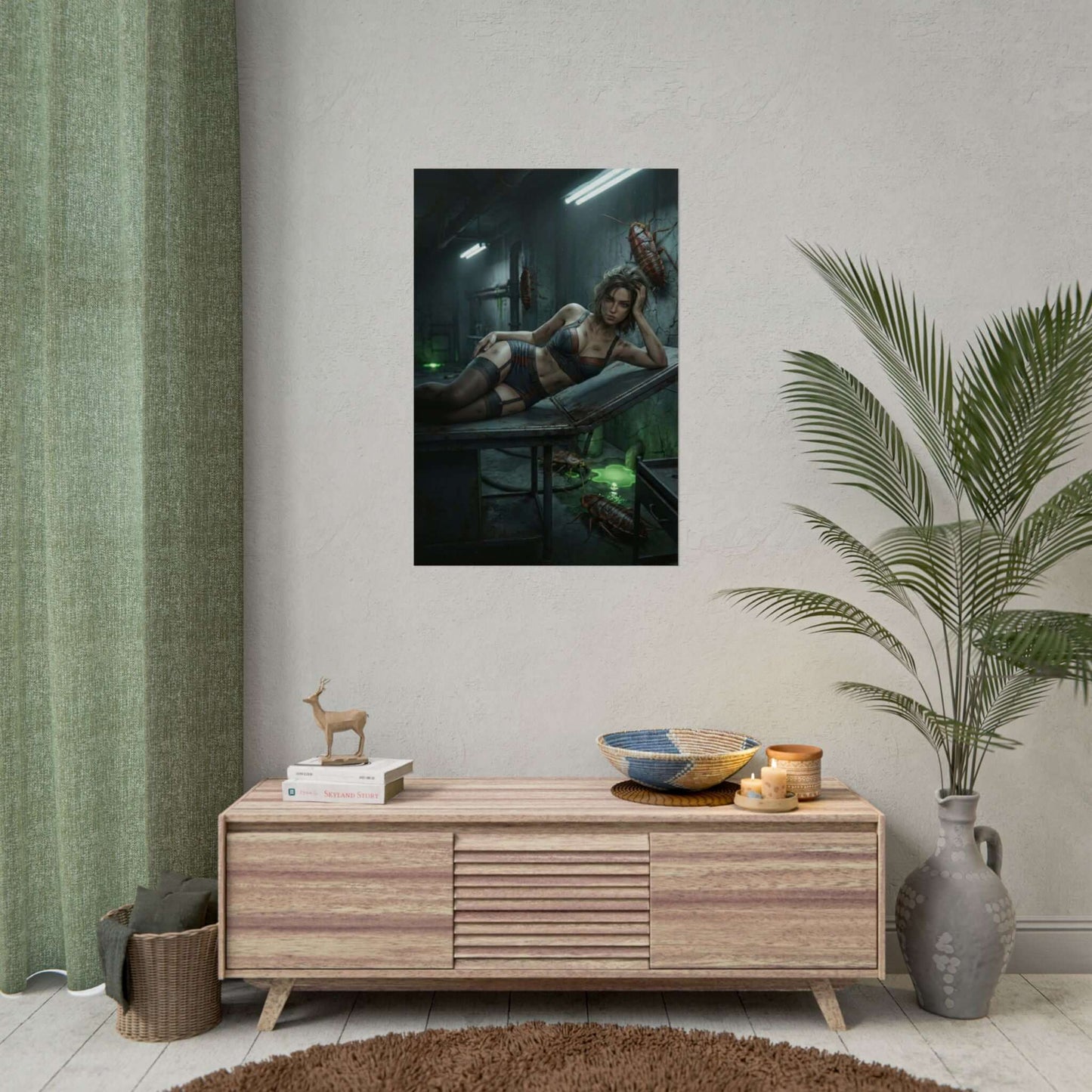 Fallout Dark Woman Poster / Fallout Wasteland Wall Art / Fallout Art Print / Fallout Poster — moody reclining wasteland woman in shadowy underground setting
