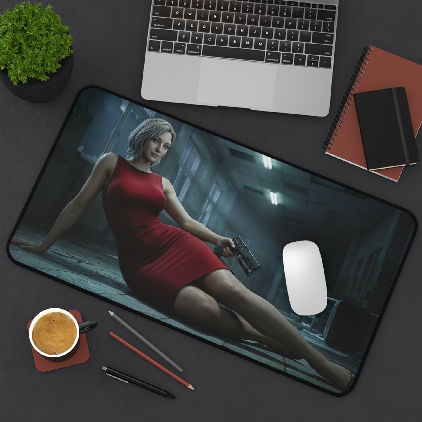 Grace Ashcroft Desk Mat, Resident Evil Mouse Pad, Stylish Gamer Desk Decor featuring heroine in red dress holding pistol on cinematic gaming desk mat