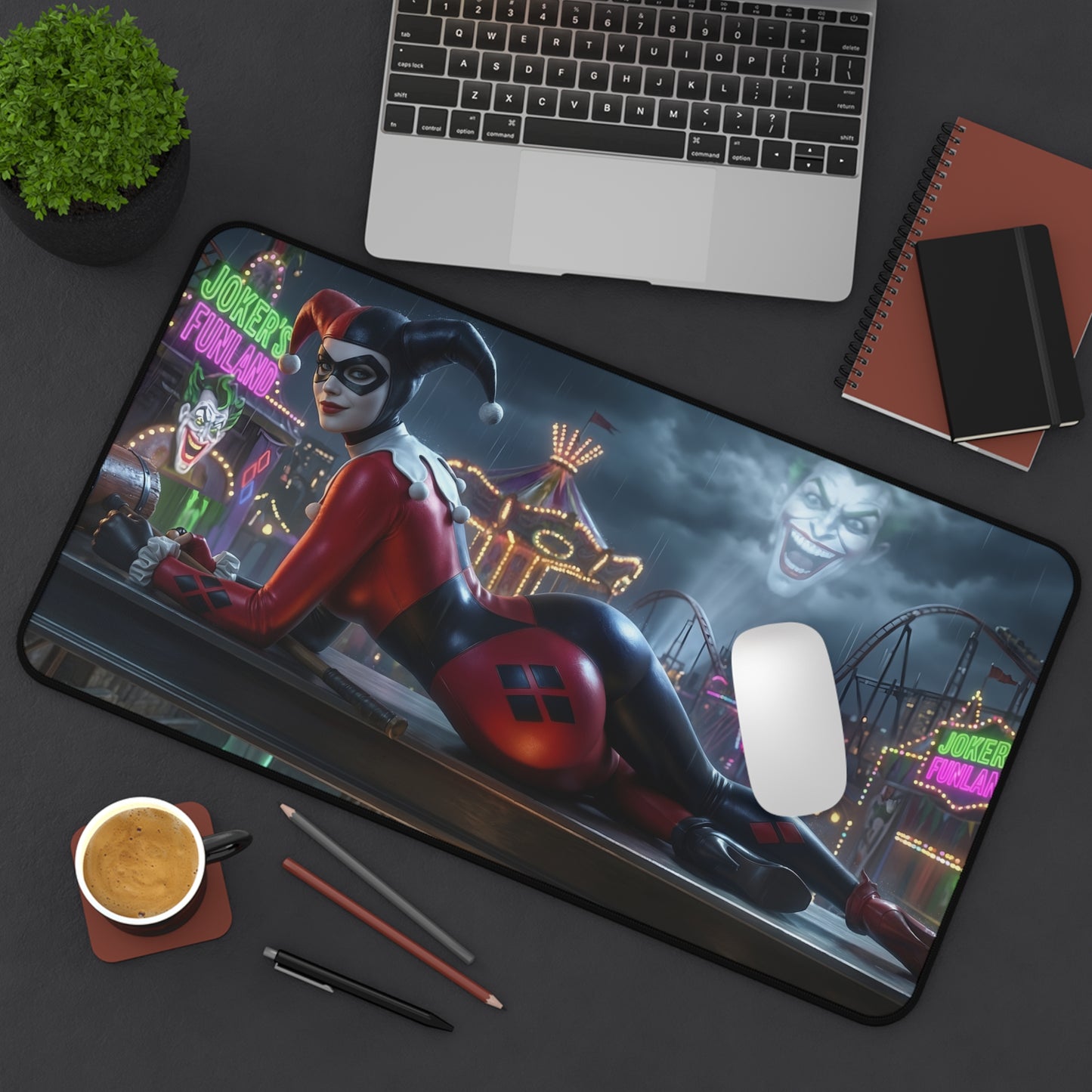 Harley Quinn Mouse Pad – Gotham Style Gaming Mouse Pad, Stylish Gamer Desk Decor featuring bold Harley Quinn carnival artwork on a premium gaming desk mat