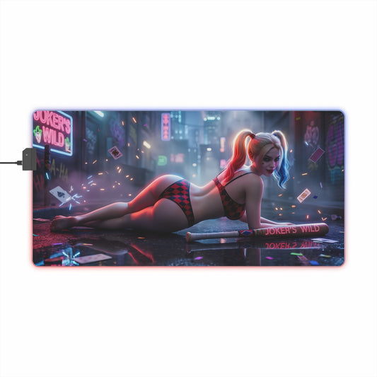 Harley Quinn RGB Mouse Pad – DC Comics Illuminated Desk Mat, Villain Gamer Setup with illuminated edge lighting and HD villain artwork