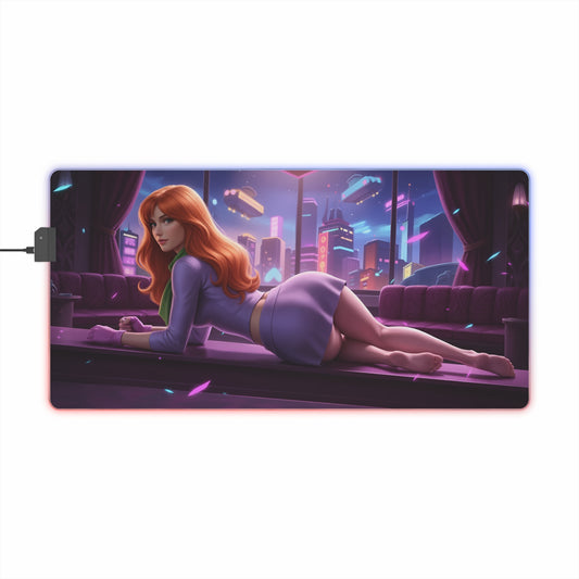 Daphne Blake RGB Mouse Pad – Mystery Theme LED Desk Mat, Gamer Setup featuring reclining heroine artwork, RGB edge lighting, extended non-slip desk mat