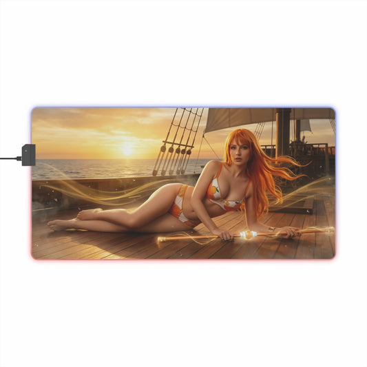One Piece Mouse Pad, Nami LED RGB Desk Mat, Gift for Gamer, Anime Room Decor – Nami reclining on ship deck at sunset with orange aesthetic