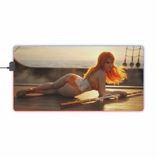 One Piece Mouse Pad, Nami Pirate LED RGB Desk Mat, Gift for Gamer, Anime Room Decor - Nami cosplay on ship deck at sunset with glowing staff