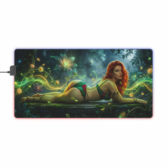 Poison Ivy RGB Mouse Pad – DC Comics LED Desk Mat, Superhero Gamer Decor with redheaded Poison Ivy reclining, vibrant green botanical artwork and RGB edge lighting