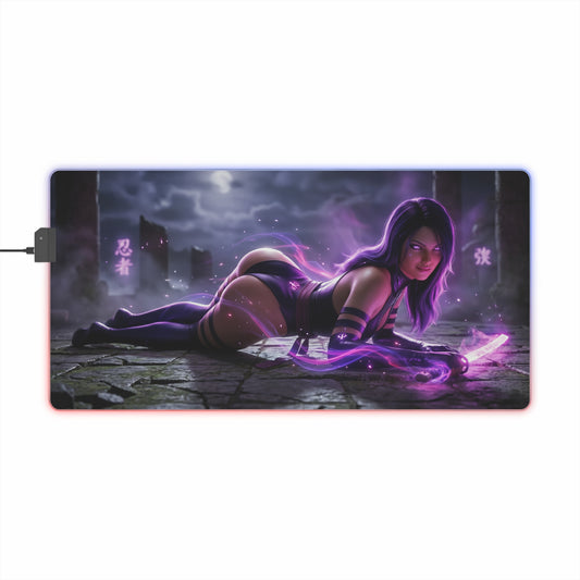 Marvel Mouse Pad, Psylocke LED RGB Desk Mat, Gift for Gamer, Superhero Room Decor - Psylocke reclining with glowing violet psionic blade on RGB gaming desk mat