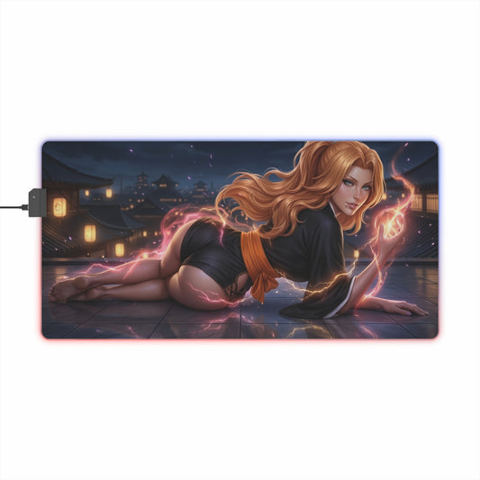 Bleach Mouse Pad, Rangiku Matsumoto LED RGB Desk Mat, Gift for Gamer, Anime Room Decor — Rangiku glowing aura on large RGB desk mat