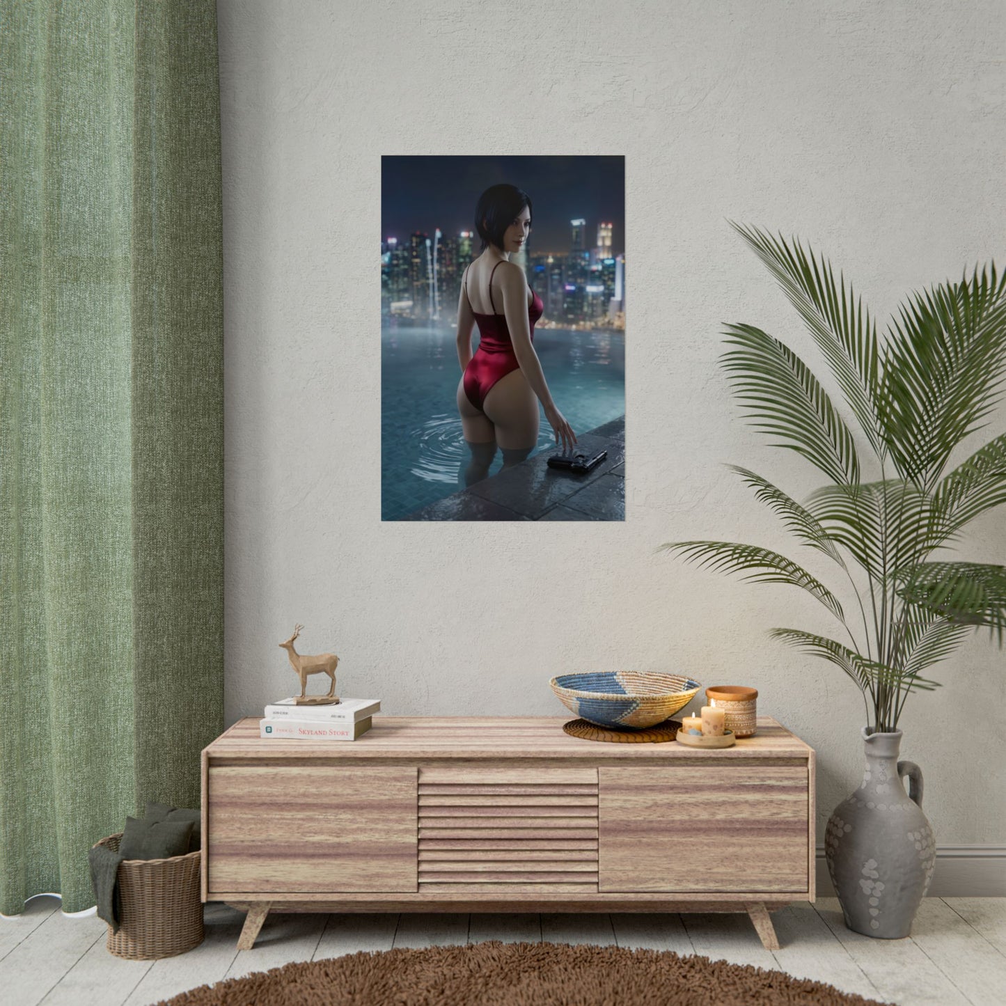 Resident Evil Poster – Ada Wong Art Print, Survival Horror Wall Art - cinematic rooftop pool scene of Ada Wong in red swimsuit overlooking neon city