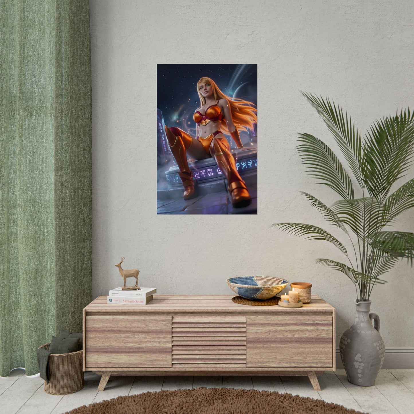 Samus Aran Poster / Samus Aran Wall Art / Samus Aran Art Print / Sci-Fi Heroine Poster – futuristic Samus in glowing armor against cosmic rune-lit background