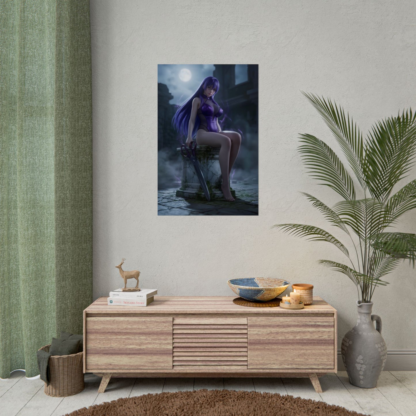 Sheele Poster / Sheele Wall Art / Sheele Art Print / Akame ga Kill Poster - moonlit assassin seated under ruins, dark fantasy anime wall art