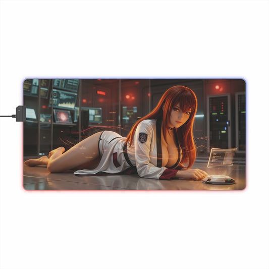 Steins;Gate Mouse Pad – Makise Kurisu LED RGB Desk Mat, Anime Lab Gamer Decor, Gift for Gamer featuring Makise Kurisu in futuristic lab with LED border