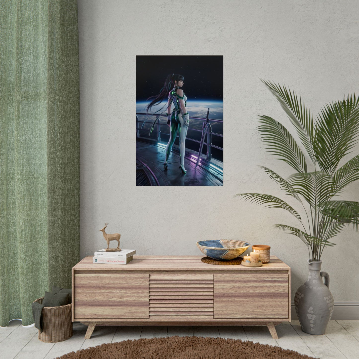 Stellar Blade Poster – EVE Art Print, Sci-Fi Game Wall Art: futuristic warrior on space station balcony overlooking Earth