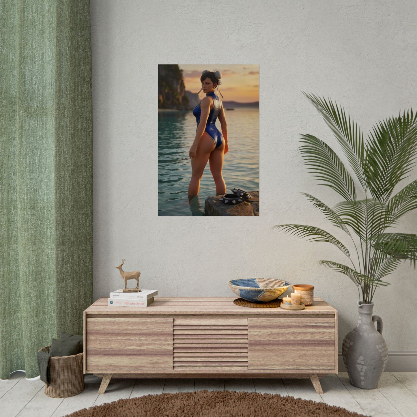 Street Fighter Poster – Chun-Li Art Print, Fighting Game Wall Art - cinematic sunset scene of Chun-Li standing in calm ocean water