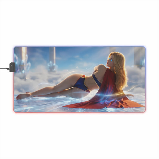 Supergirl RGB Mouse Pad – DC Comics Illuminated Desk Mat, Superhero Gamer Decor featuring reclining Supergirl artwork with RGB edge lighting