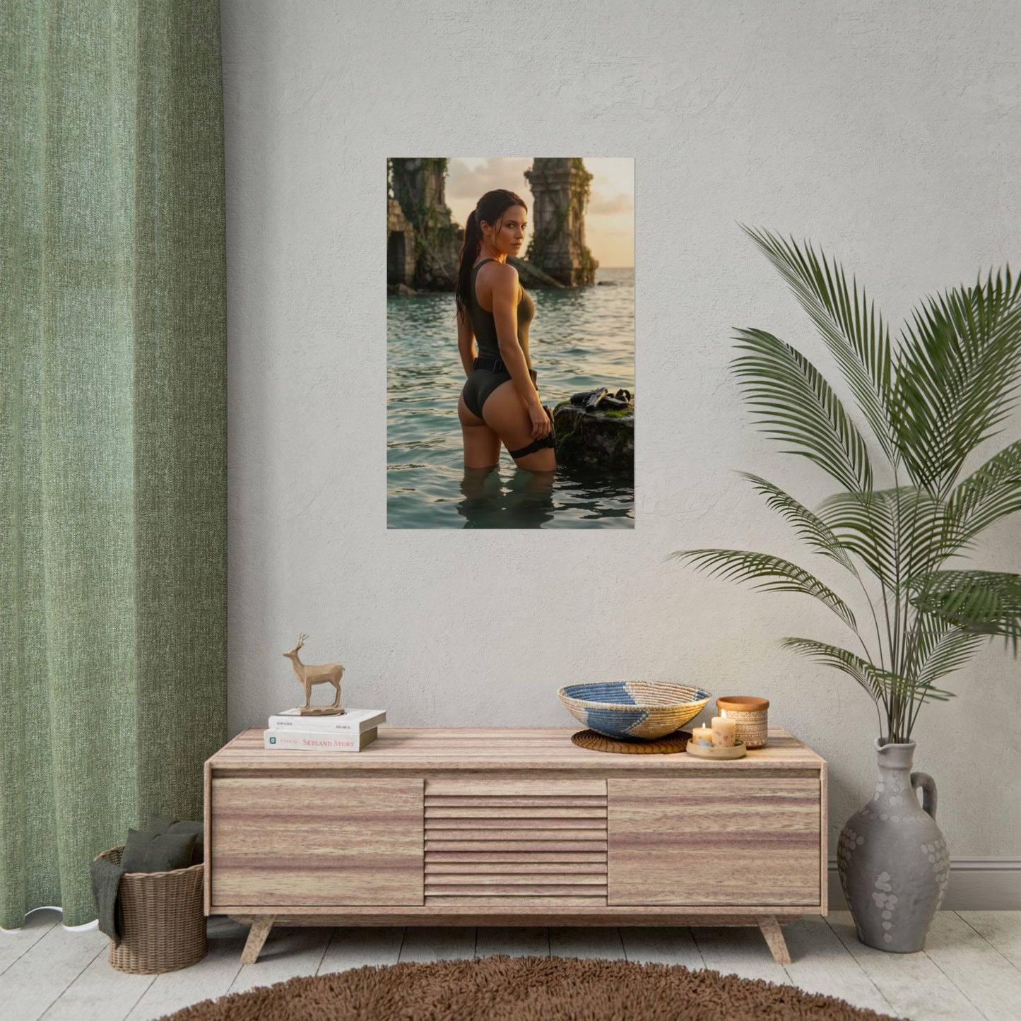 Tomb Raider Poster – Lara Croft Art Print, Adventure Explorer Wall Art showing Lara Croft wading in water by jungle ruins with golden cinematic lighting