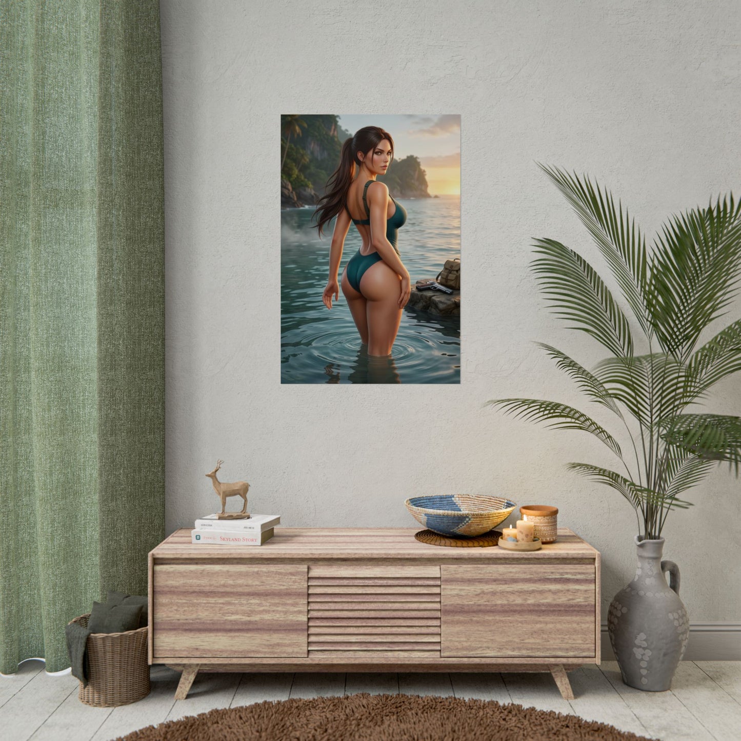 Tomb Raider Poster – Lara Croft Art Print, Adventure Game Wall Art showing Lara waist-deep in tropical water at golden sunset
