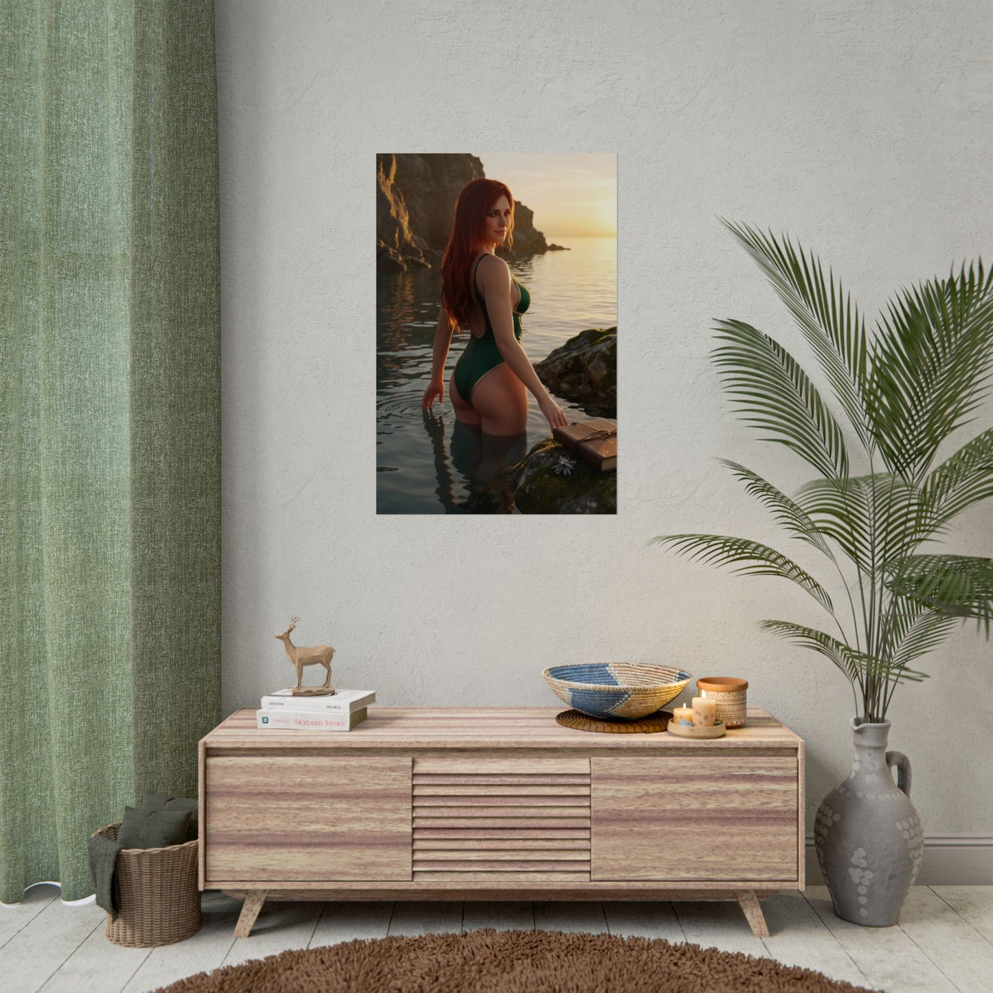 Triss Merigold Poster – The Witcher Art Print, Fantasy Wall Art showing Triss standing in coastal water at sunset beside cliffs