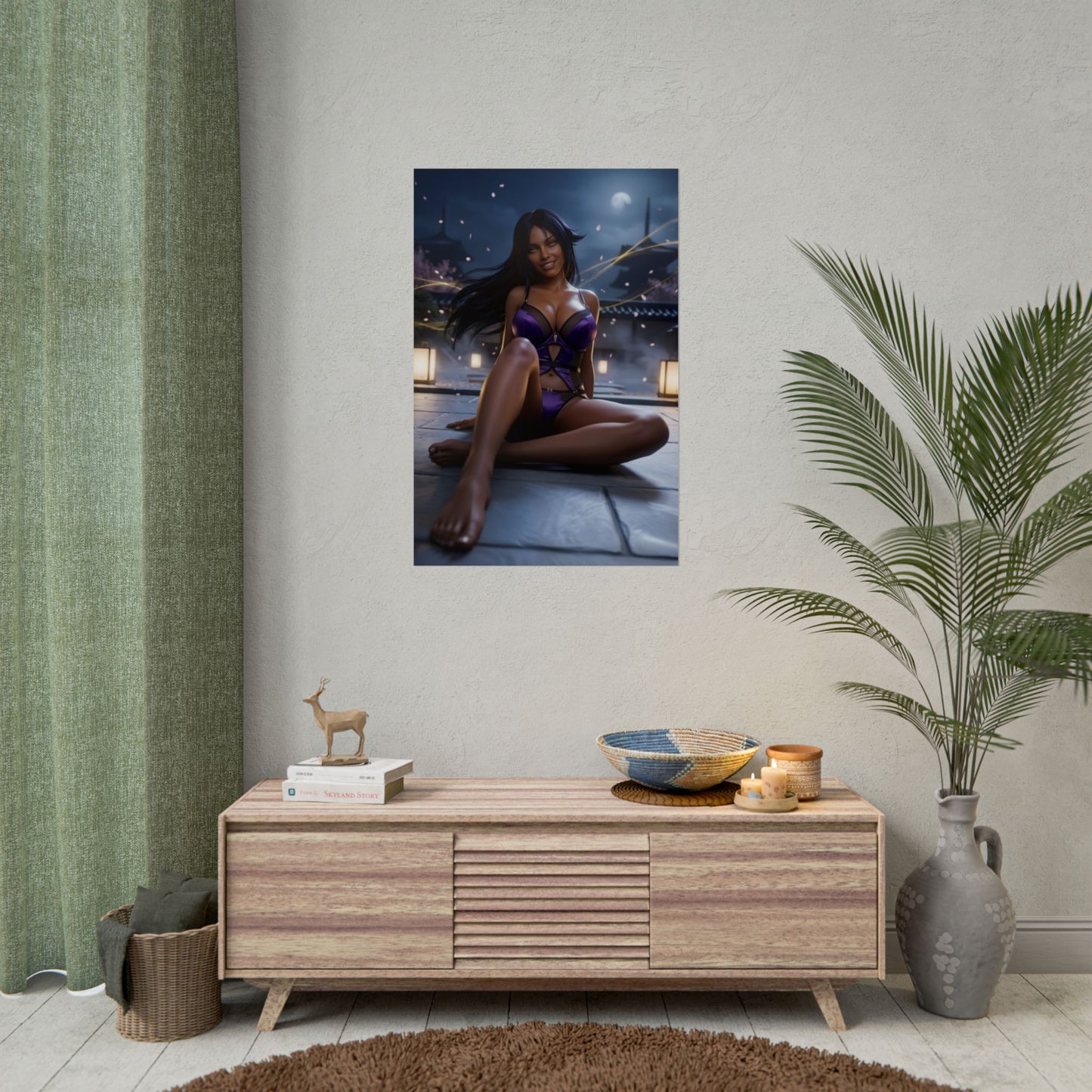 Yoruichi Shihoin Poster / Yoruichi Shihōin Wall Art / Yoruichi Shihōin Art Print / Bleach Poster - striking Yoruichi portrait in purple outfit on bedroom wall