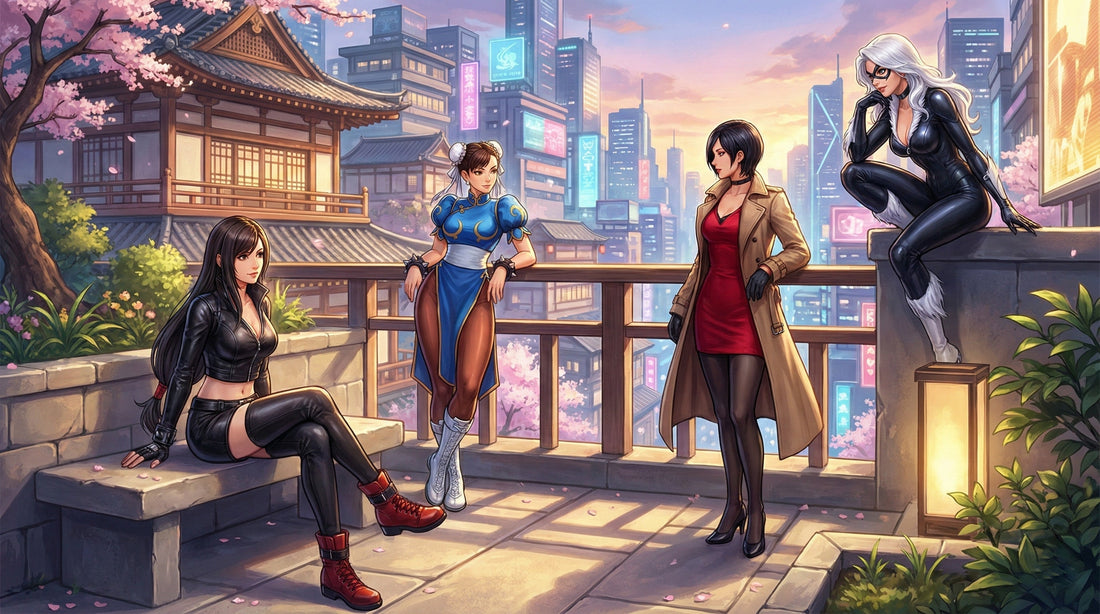 Best Posters for Gamer Rooms: Anime, Fantasy & Iconic Heroine Wall Art (2026 Guide) - four iconic heroines in modern cyber-kyoto city rooftop poster