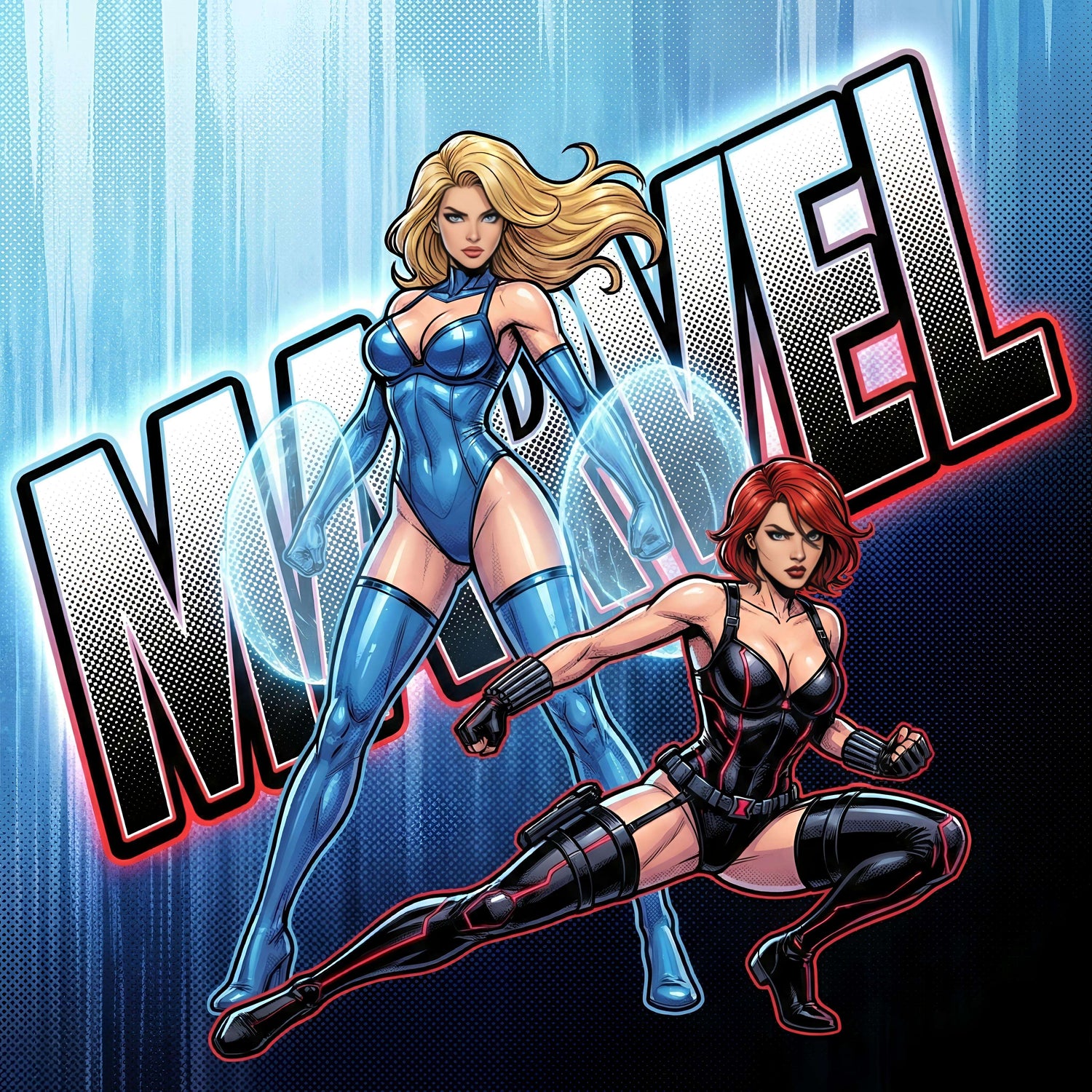 Marvel: two female heroes in dynamic poses, one in blue with energy shields and one in black tactical suit, comic-style artwork