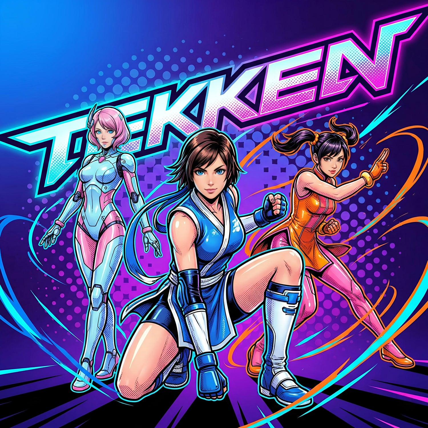 Tekken wall art featuring three dynamic fighting game heroines in neon retro cyber style