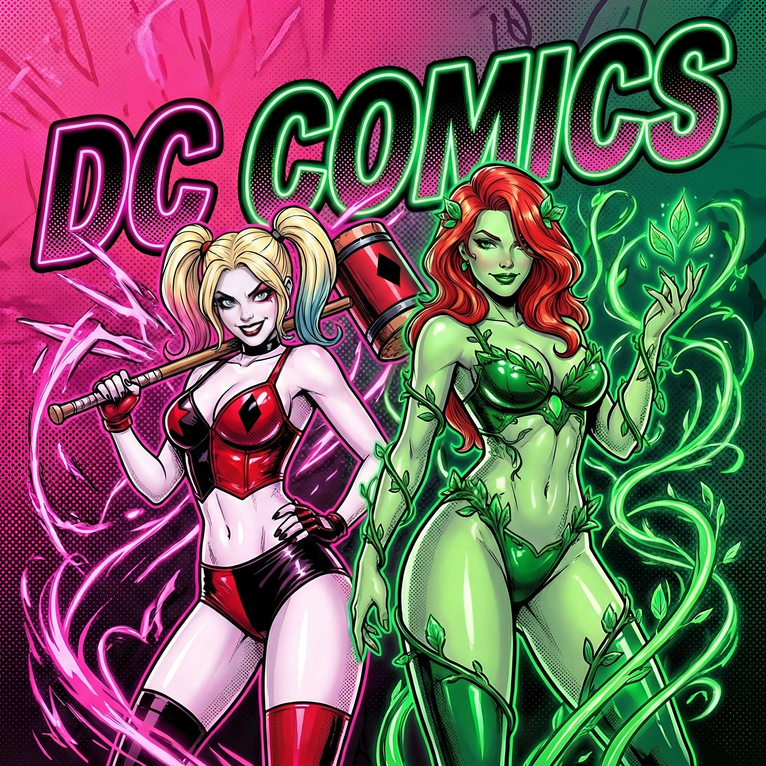 DC Comics collection artwork featuring Harley Quinn and Poison Ivy on vibrant pink and green background