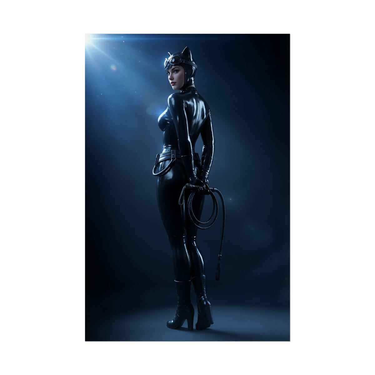Black Cat Marvel Poster  Iconic Comic Anti-Heroine Wall Art Decor, glossy high-res portrait of Catwoman in black catsuit holding whip