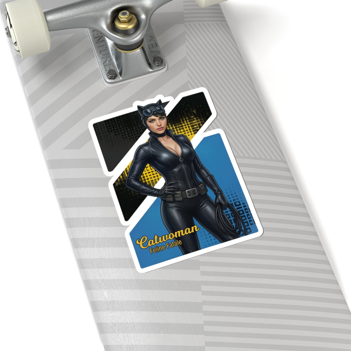 Catwoman Sticker – Comic Heroine Vinyl Sticker for Laptops & Indoor Decor on skateboard, glossy durable vinyl featuring sleek comic-style Catwoman artwork