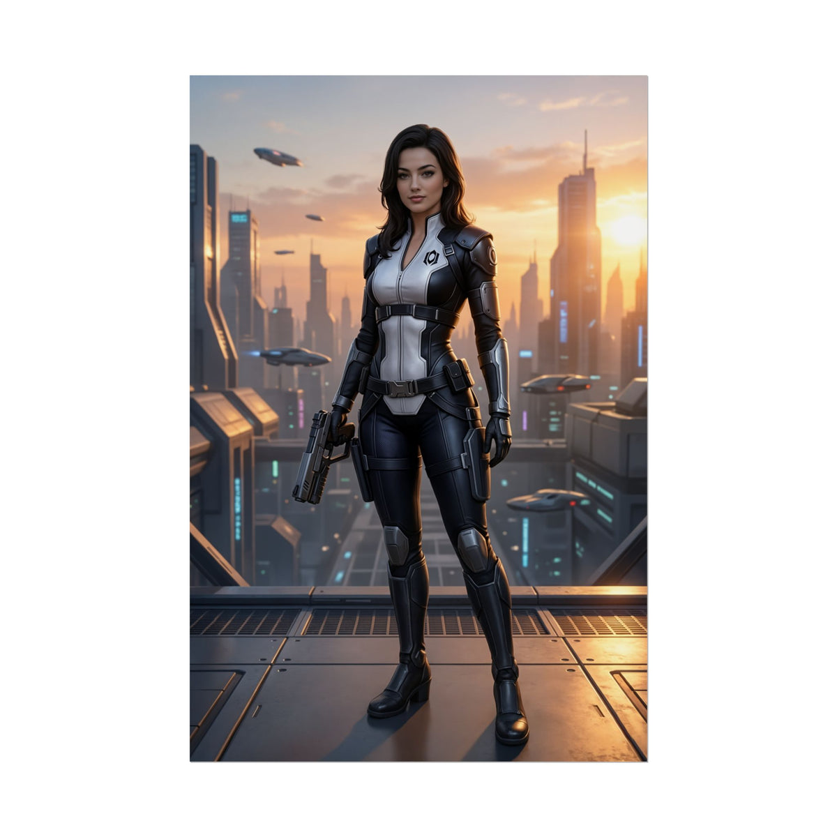 Miranda Lawson Poster, Mass Effect Art Print, Iconic Sci-Fi Character - confident Cerberus operative in futuristic cityscape