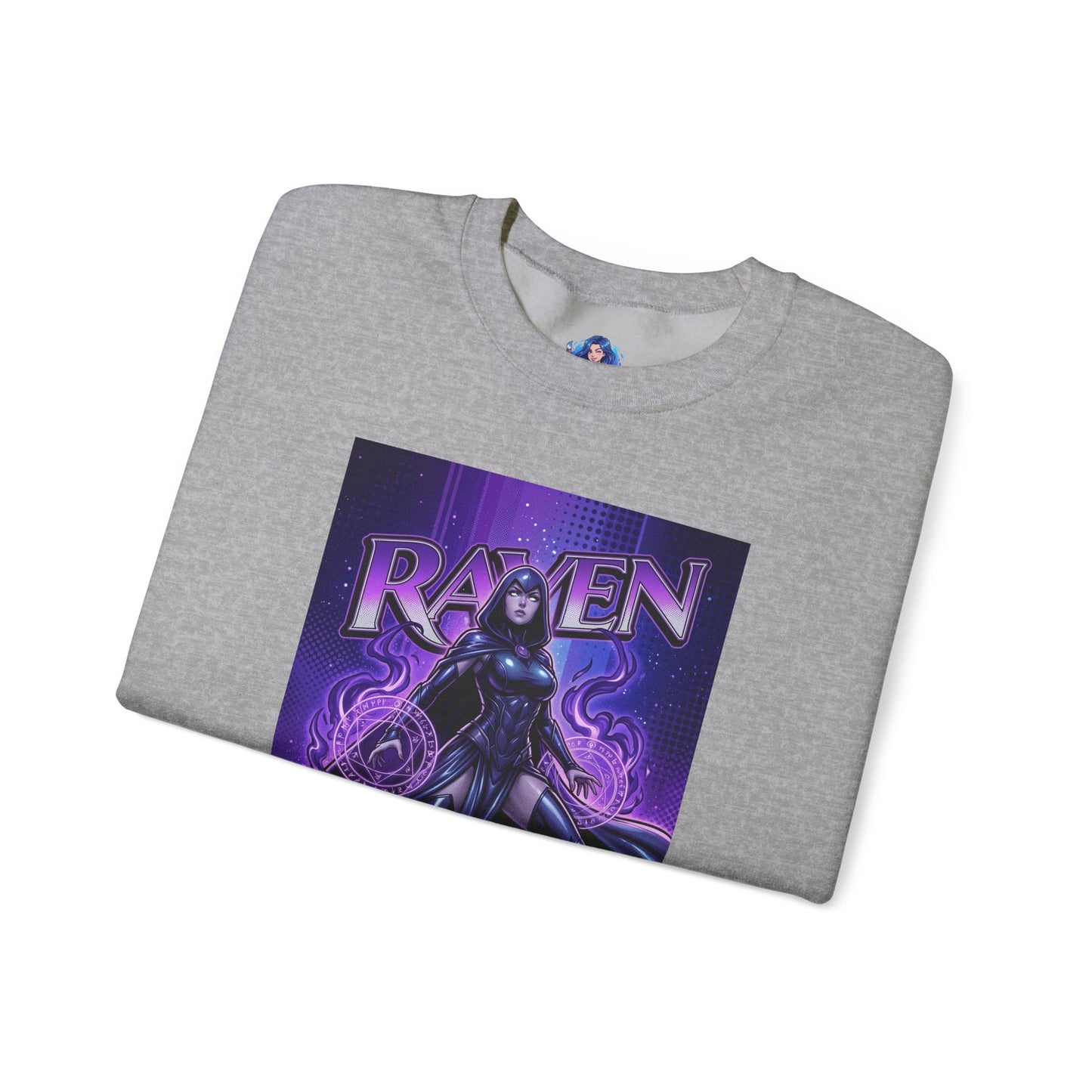 Raven Sweatshirt, DC Comics Art Print Style, Premium Mystic Apparel — folded grey crewneck with anime-style Raven artwork and glowing arcane symbols