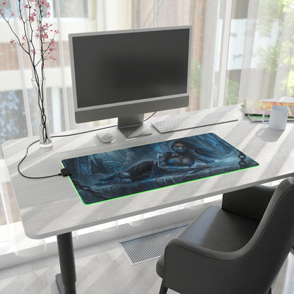 Frost Desk Mat – LED RGB Pad, Waifu Fighter Anime Girl Setup on modern white desk with monitor, ergonomic chair, green RGB edge